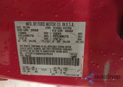 1998 Ford F-150 Lariat/Standard/Xl/Xlt z USA, uszkodzony, nr VIN 1FTZF1768WKB29624